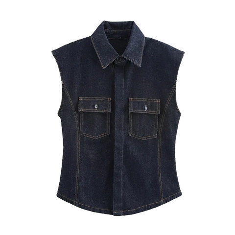 Women Denim Vest And Wide Leg Pants Set Cotton Blend Sleeveless Lapel Top High Waisted Trousers Casual Chic Streetwear