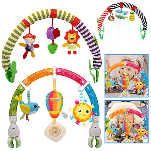 Baby Stroller Toy Arch Activity Bar Hanging Plush Animal Rattles Teether Adjustable Clips For Crib Car Seat Colorful