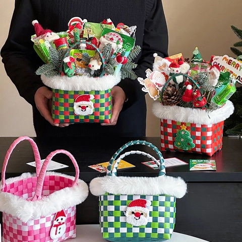 Christmas Gift Basket Handheld Woven PP Faux Fur Trim Santa Snowman Patch Holiday Party Favor Candy Apple Holder Festive Decor