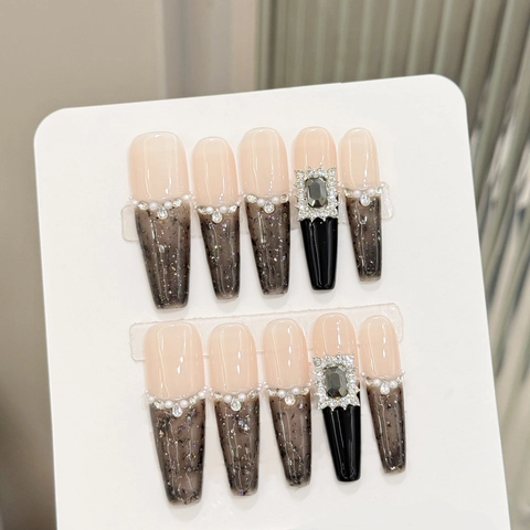 Lange Coffin Press On Nägel Schwarz Marmor Gradient Mit Strass Und Künstliche Perlen Französisch Luxus Künstliche Fingernägel Damen
