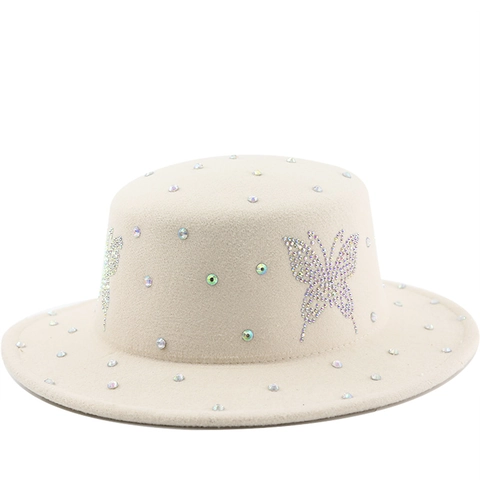 Rhinestone Butterfly Flat Top Boater Hat Polyester Cotton Felt Wide Brim Elegant Fashion For Women Party Outing
