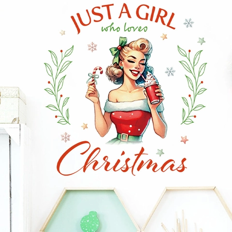 Weihnachts-Wandaufkleber PVC Abnehmbare Selbstklebende Decals Retro Pin Up Girl Festliche Wohndeko Feiertagsornamente