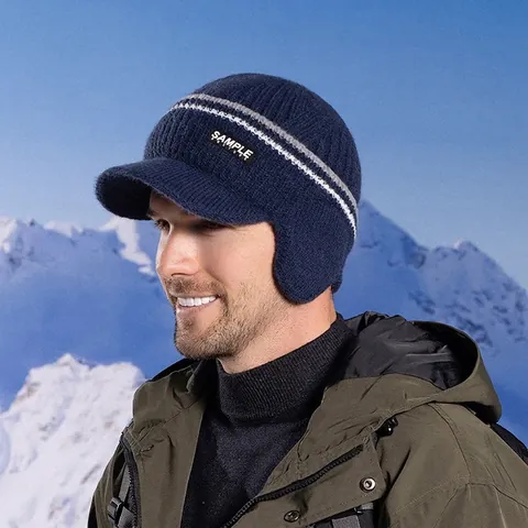 Men Winter Knit Hat With Ear Flaps Acrylic Fleece Lined Thermal Windproof Outdoor Sports Baseball Cap Style