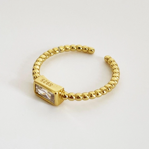Verstellbarer Ring 925 Sterlingsilber 18K Vergoldet Rechteckiger Klarer Zirkonia Minimalistische Perlenstruktur Fingerschmuck