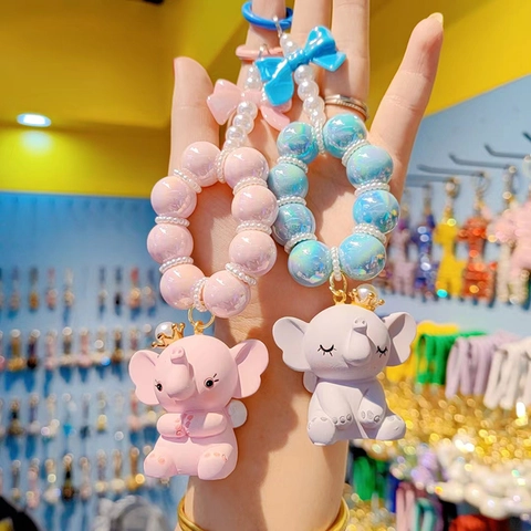 Simpatico Elefante Cartone Animato Portachiavi Corona Perla Artificial Resina Bambola PU Pelle Intrecciata Cinturino Lega Campana Borsa