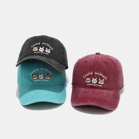 Cappello Da Baseball In Cotone Lavato Ricamo Animali Lucky Animals Cappello Da Sole Regolabile Casual Unisex Vintage