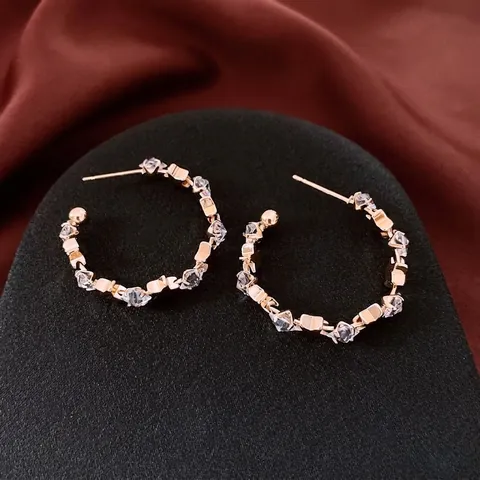 Copper C-Shaped Hoop Earrings With Zircon Star Geometric Design And 925 Sterling Silver Earring Post For Women Fashion