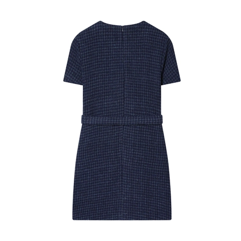 Women Elegant Tweed Mini Dress Short Sleeve Round Neck With Belt Gold Buttons Navy Blue