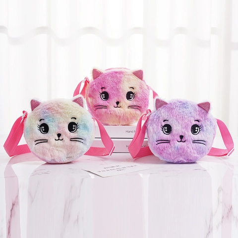 Kids Plush Cat Crossbody Bag Cute Cartoon Tie Dye Gradient Shoulder Bag With Glitter Ears For Toddler Girls