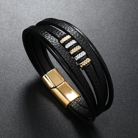 Herren Mehrlagiges Geflochtenes Lederarmband Mit Edelstahl Magnetverschluss Retro Trendy Legierung Strass Dekor