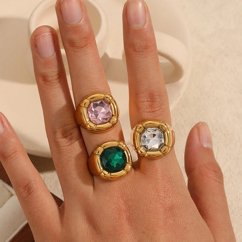 Bague En Acier Inoxydable Vintage Bande Épaisse Géométrique Plaqué Or Grand Zircon Bijoux Pour Femmes