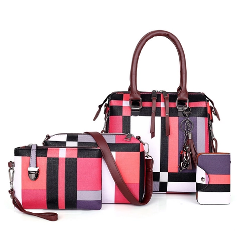 Damen PU Leder Passende Taschen Karo Patchwork Handtasche Umhängetasche Beutel Und Brieftasche Mit Katzenanhänger
