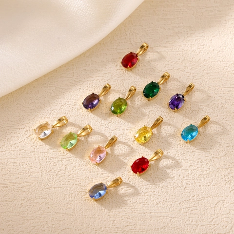 Oval Colorful Zircon Pendant Stainless Steel Birthstone Charm Fashion DIY Jewelry Making Accessory For Women