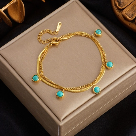 Titanium Steel Bracelet For Women Gold Plated Double Layer Chain Rhinestone Evil Eye Heart Star Charm Elegant Jewelry