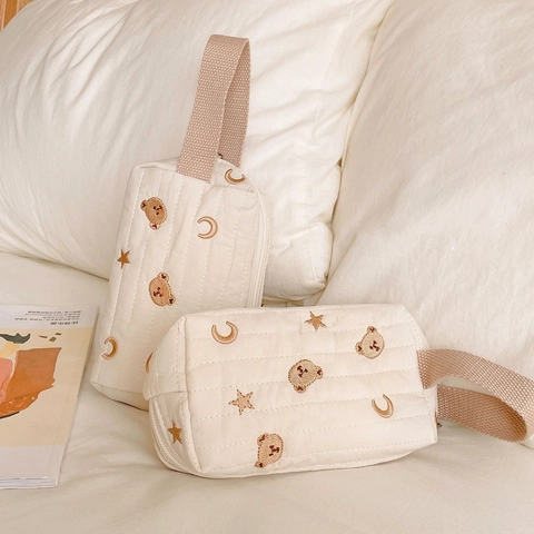 Süße Bär Stickerei Gesteppte Baumwolle Kosmetiktasche Reißverschluss Tragbare Make-up Tasche Mit Handschlaufe Für Reisen Alltag