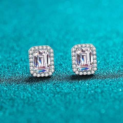 Emerald Cut Moissanite Stud Earrings With 925 Sterling Silver Earring Post Radiant Halo Rectangle Elegant Women Jewelry