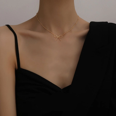Minimalist Bow Pendant Necklace Gold Plated Stainless Steel Dainty Bead Chain Jewelry For Women Elegant Gift