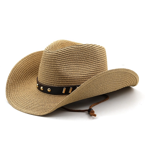 Cappello Da Cowboy In Paglia Intreccio Di Carta Tesa Larga Protezione Solare Spiaggia Con Fascia In Pelle E Cordino