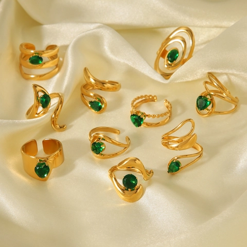 Geometrischer Edelstahl Ring Grüner Zirkon Herz Spirale Vergoldet Nicht Verblassend Verstellbar Offen Mode Schmuck Damen