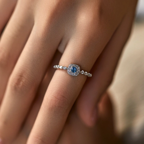 Quadratischer Blauer Kristallring 925 Sterling Silber Halo Funkelnder Zirkon Eleganter Modeschmuck Für Damen