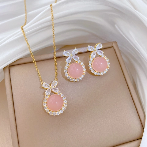 Elegant Bow Knot Necklace And Earrings With Titanium Steel Chain Copper Pendant Rhinestone Gemstone Silver Earring Post Women