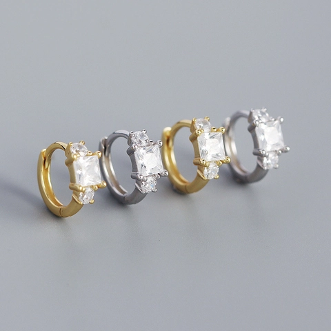 Boucles D'oreilles Huggie Hoop Avec Zircone Carrée 925 Sterling Silver Earring Post Géométrique Coupe Princesse Minimaliste