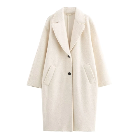 Abrigo Largo De Lana Para Mujer Elegante Corte Holgado Cuello De Solapa Botonadura Sencilla Color Sólido Otoño Invierno