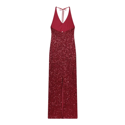 Vestito Da Sera Con Paillettes Halter Scollo A V Profondo Schiena Scoperta Spacco Alto Sexy Maxi Elegante Rosso