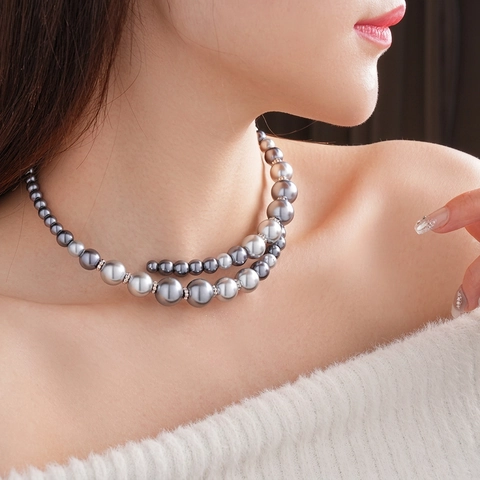 Layered Grey Imitation Artificial Pearl Necklace French Vintage Gradient Bead Alloy Choker With Rhinestone Spacers For Women Elegant