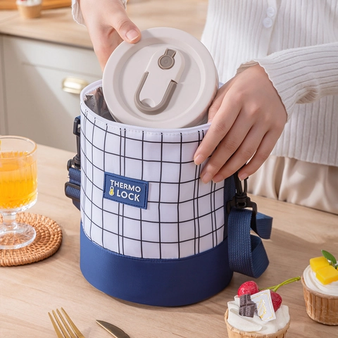 Borsa Pranzo Isolata Gingham A Quadretti Tessuto Oxford Borsa Termica Con Tracolla Regolabile Per Scuola Ufficio