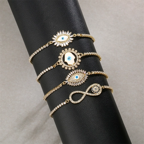 Luxus Kupfer Zirkon Böser Blick Armband Verstellbarer Schiebeverschluss Hand Der Fatima Unendlichkeitssymbol Boho Schmuck Damen Geschenk