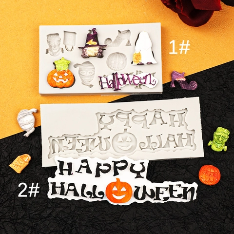 Halloween Silicone Mold Pumpkin Ghost Mummy Witch Hat Letters Fondant Chocolate Candy Cake Decorating Baking Tool DIY