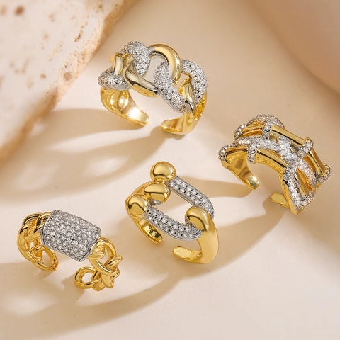 Light Luxury Copper Two-Tone Zirconia Geometric Open Ring For Women Adjustable Fashion Jewelry Micro-Inlaid Chain Ring