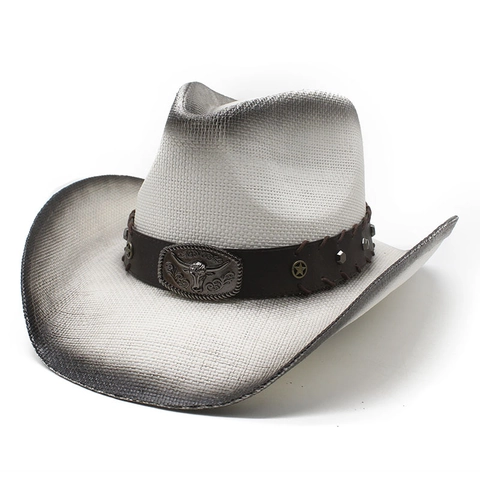 Western Cowboy Hat Paper Straw Wide Brim Sun Protection Hat With Leather Band Bull Head Buckle Retro Ethnic Style