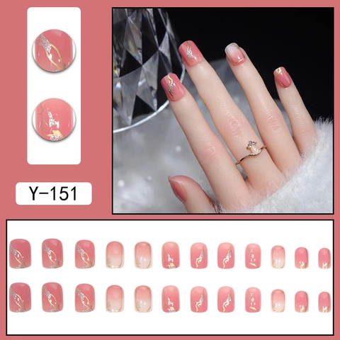 Roze Gradiënt Press On Nagels Gouden Lijnen Glitter Kort Vierkant Kunstnagels Voor Vrouwen Zoete Elegante Valse Nagels Tool