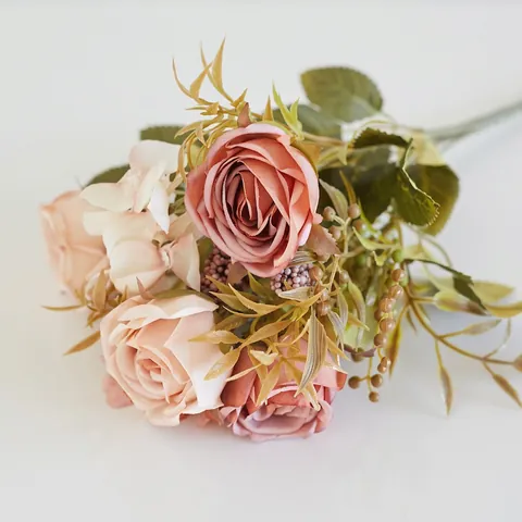Artificial Rose Bouquet Satin Plastic Lifelike Fake Floral Vintage European Style Home Table Hotel Decoration