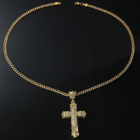 Iced Out Kreuz Anhänger Halskette Legierung Straßstein Krone Hip Hop Bling Cuban Chain Schmuck Für Herren Damen