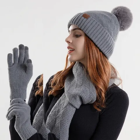 Winter Knitted Beanie Hat Scarf And Touchscreen Gloves Set Warm Fleece Lined With Fur Pom Pom For Women Outdoor