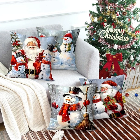 Christmas Pillow Covers Vintage Santa Claus Snowman Print Polyester Linen Texture Retro Holiday Home Decor Square