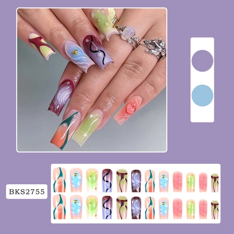 Medium Length Press On Nails 3D Heart Smudge Gradient Design Square Artificial False Nails For Women Professional Manicure