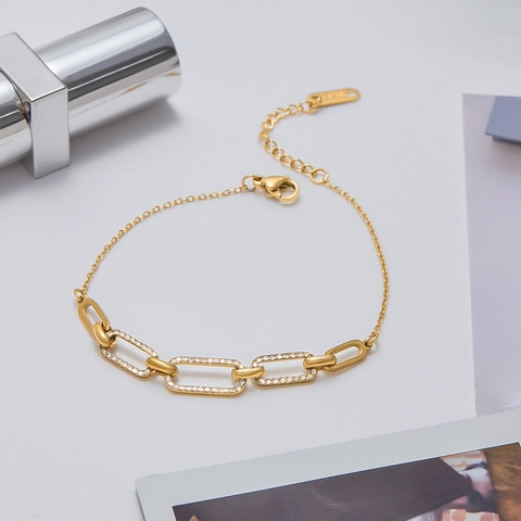 Bracciale Da Donna In Acciaio Inossidabile Placcato Oro 18K Con Pavé Di Zirconi Bianchi Maglie Ovali Gioielli Retro