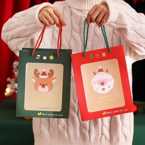 Sacs Cadeaux De Noël Avec Fenêtre Transparente Motif Père Noël Renne En Carton Portables Pour Fête De Vacances