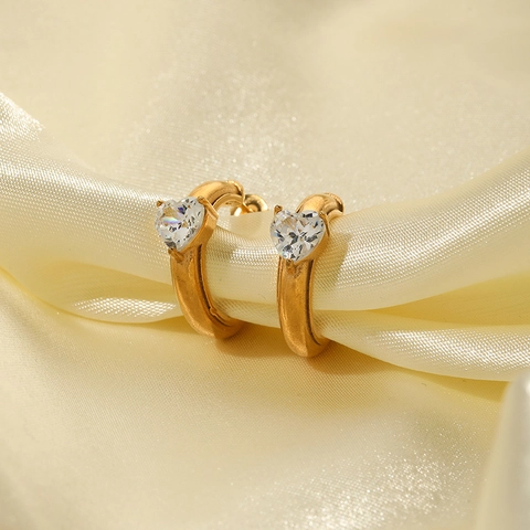 Stainless Steel 18K Gold Plated C-Shaped Hoop Earrings With Heart Cubic Zirconia Minimalist Jewelry For Women