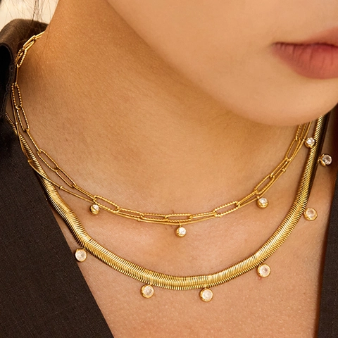 Stainless Steel Necklace For Women Gold Plated Snake Chain With Round Cubic Zirconia Pendant Minimalist Dainty Jewelry