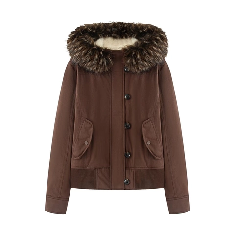 Women Hooded Jacket Faux Fur Trim Thick Fleece Lining Autumn Winter Warm Outerwear Casual Button Zip Closure Ladies
