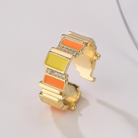 Geometric Open Ring Copper Real Gold Plated Enamel Zircon Adjustable Fashion Jewelry For Women