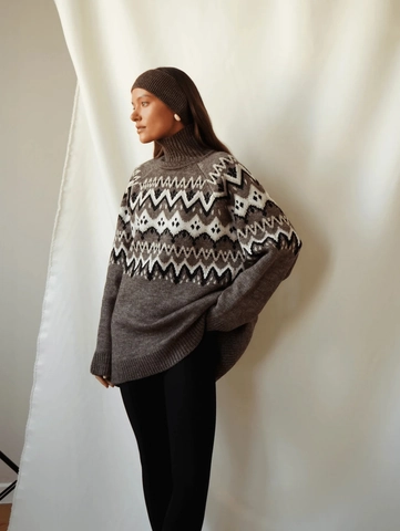 Women Fair Isle Turtleneck Sweater Cotton Blend Oversized Knit Pullover Vintage Geometric Pattern Long Sleeve Winter Casual