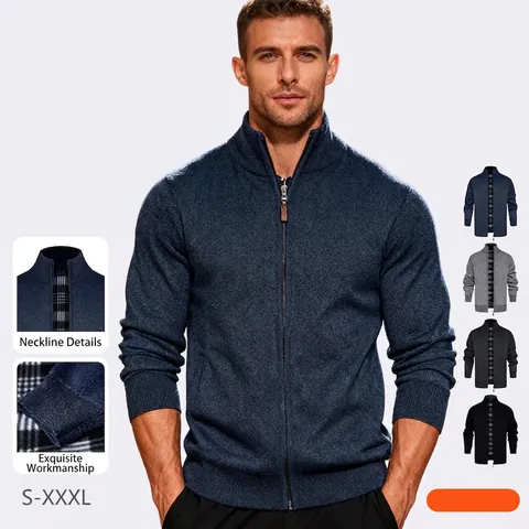 Herren Strickjacke Pullover Jacke Stehkragen Reißverschluss Langarm Kariertes Futter Warm Freizeit Oberbekleidung