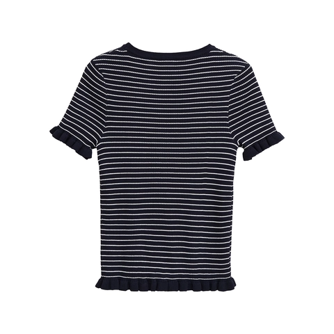 Women's Striped Short Sleeve Knit Top Ruffle Lettuce Trim Slim Fit Round Neck Ribbed T-Shirt Mercerized Cotton Blend Top