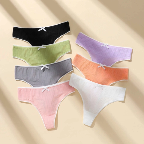 Femmes Thong String Côtelé Taille Basse Respirant Polyester Élasthanne Avec Nœud Lingerie Sexy Confortable